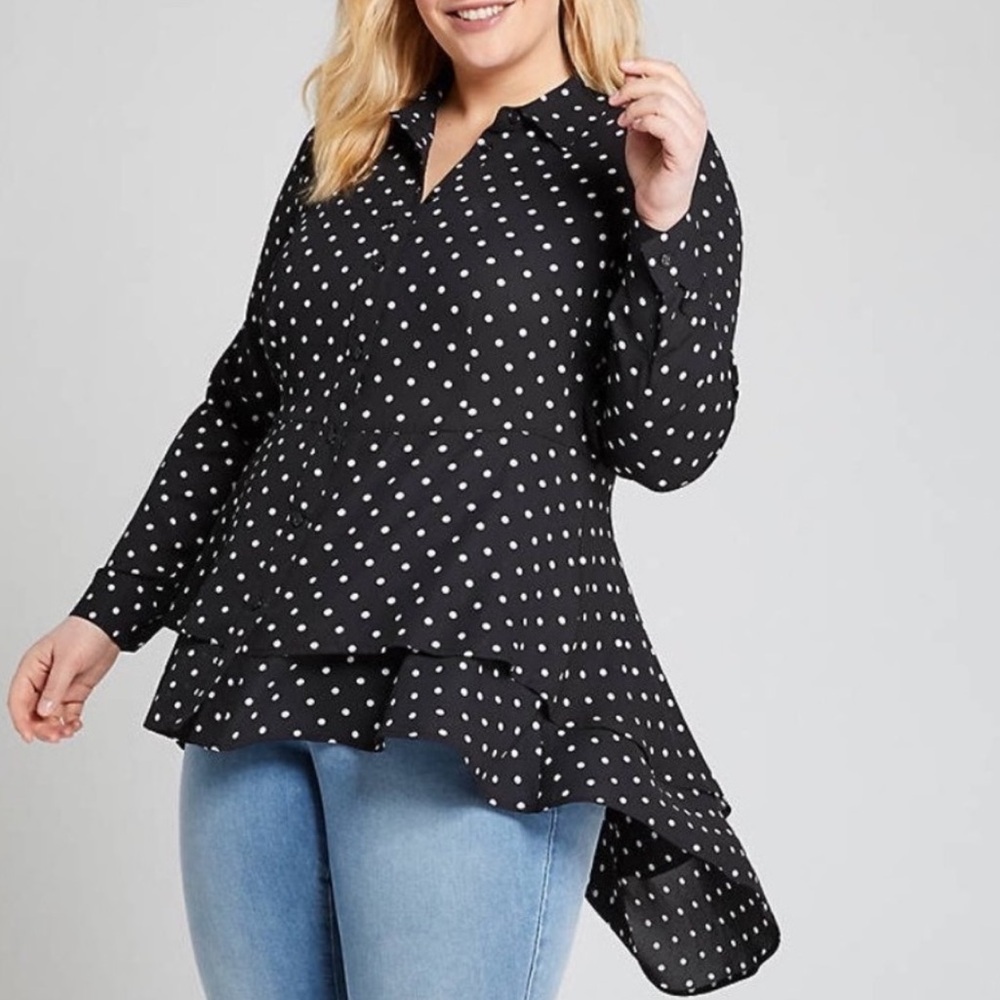 Lane Bryant Polka Dot Dramatic Ruffle Tiered High Low Button Down Blouse Sz 16